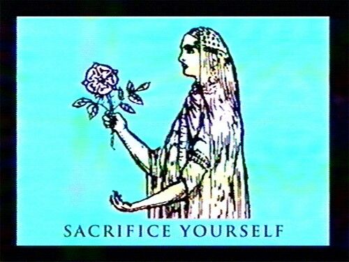 an image of a drawn woman holding a flower with text that says 'sacrafice yourself'